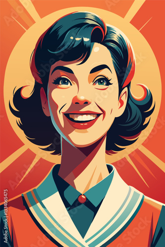 Happy woman with a radiant smile and curly hair in a vintage sailor uniform.