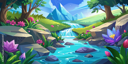 Serene landscape with crystal mountains and a flowing river.