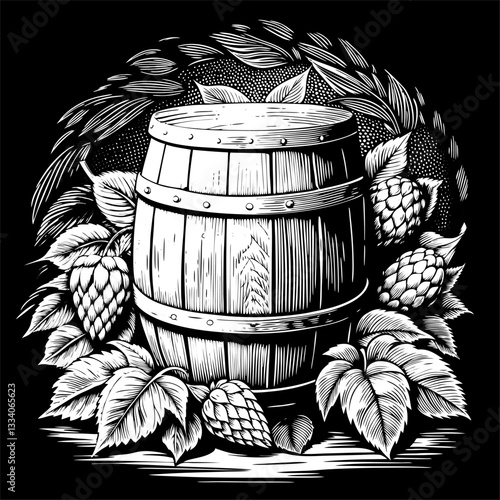 Classic Beer Barrel Surrounded by Hops and Barley Illustration.