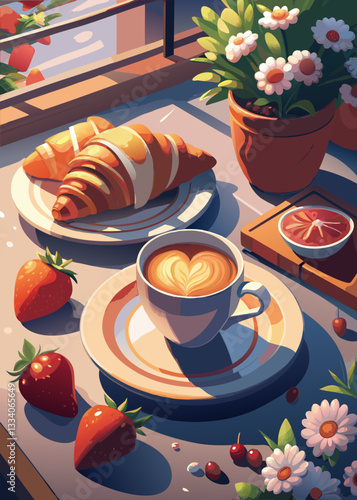 Delightful breakfast scene with fresh croissant, coffee, and strawberries.
