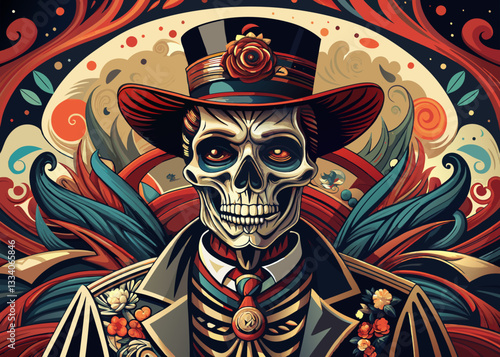 A Vibrant Skeleton in a Top Hat Surrounded by Colorful Swirls and Floral Elements.