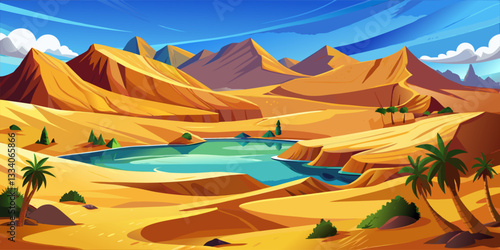 Desert Landscape with an Oasis, Palm Trees, and Mountains.