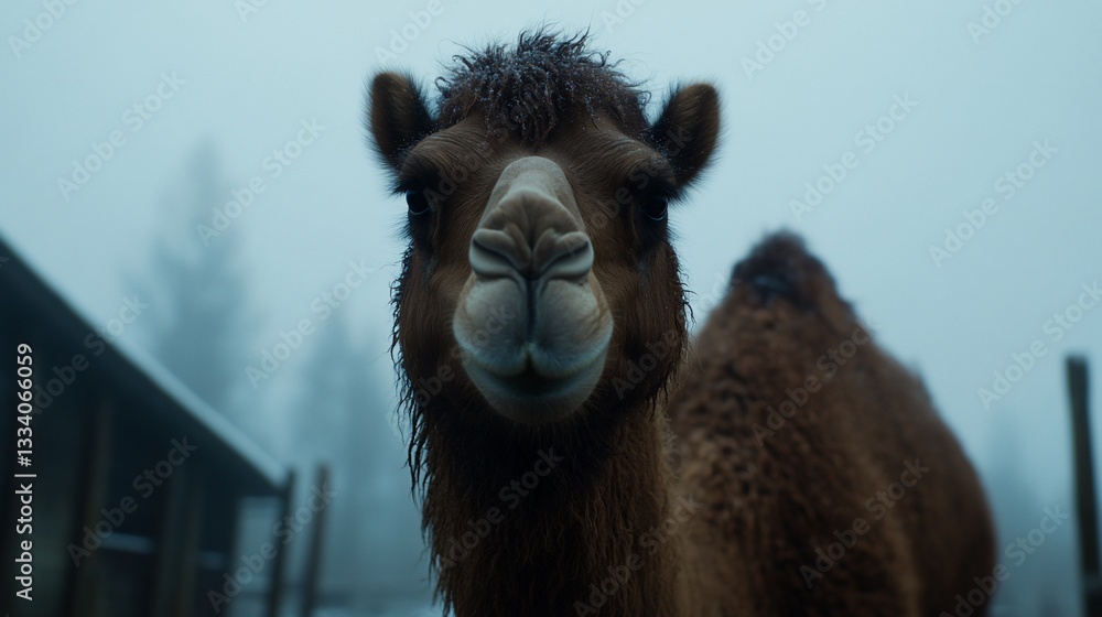 Obraz premium Intimate portrait of a Bactrian camel in the misty wilderness region