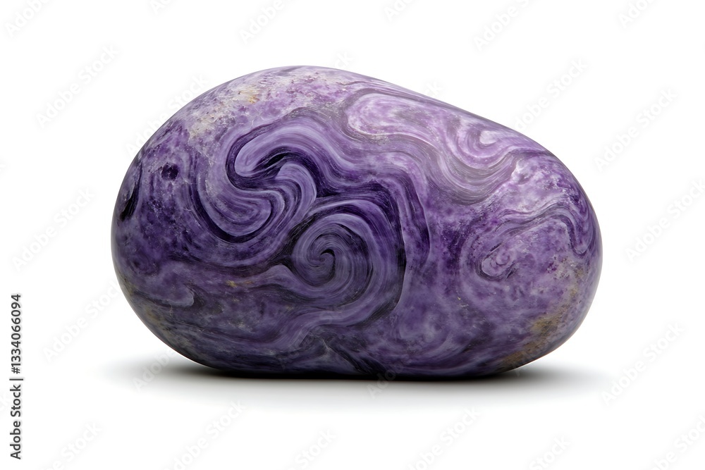 Fototapeta premium Close-up shot of a polished, purple Charoite gemstone on a white studio backdrop