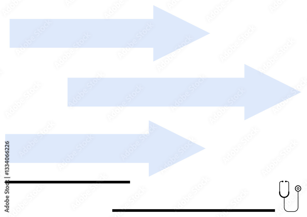 Three large blue arrows point rightward, accompanied by a small stethoscope graphic. Ideal for health, progress, medical data, technology, communication, direction growth. Flat simple metaphor Three large blue arrows point rightward, accompanied by a small stethoscope graphic. Ideal for health, progress, medical data, technology, communication, direction growth. Flat simple metaphor