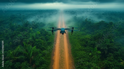 A drone flying over a remote forest scanning a dirt road in misty weather. Generative AI