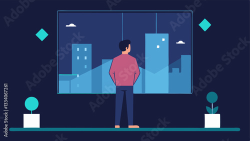 Future Visions A developer looking towards a futuristic cityscape from a window envisioning the impact of decentralized technology on urban life with holographic blockchain icons