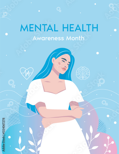 Women's mental health. Woman in therapy hugs herself and is in harmony, calm in heart and pure in thoughts. Vector illustration for Mental Health Day. Suitable for health and psychology projects