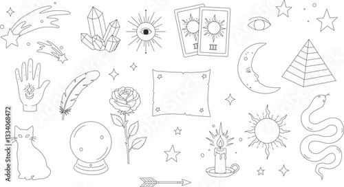 Mystical Spiritual Symbols & Esoteric Elements in black and white– Hand-drawn Vector Set