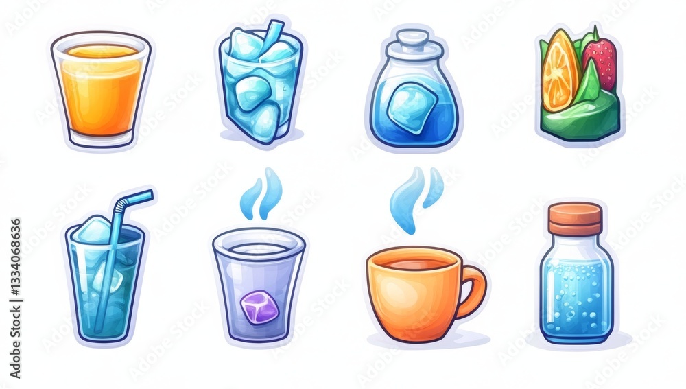 Cartoon drinks and potions, set, game assets Cartoon drinks and potions, set, game assets