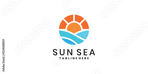 Ocean wave and sun logo design template