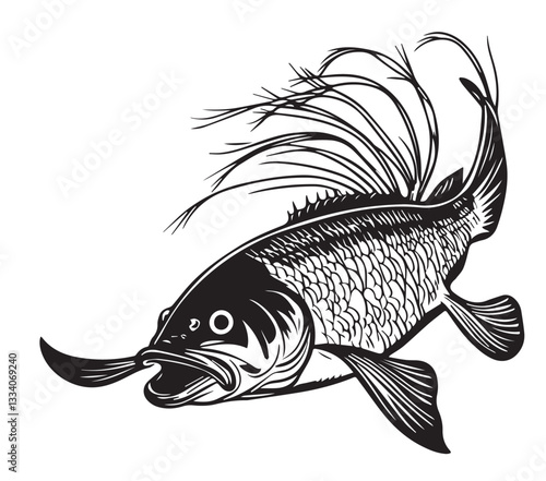 Detailed Vector Illustration of a Fish with Long Barbels and Elaborate Fins, Black and White Graphic of a Freshwater Carp or Similar Species