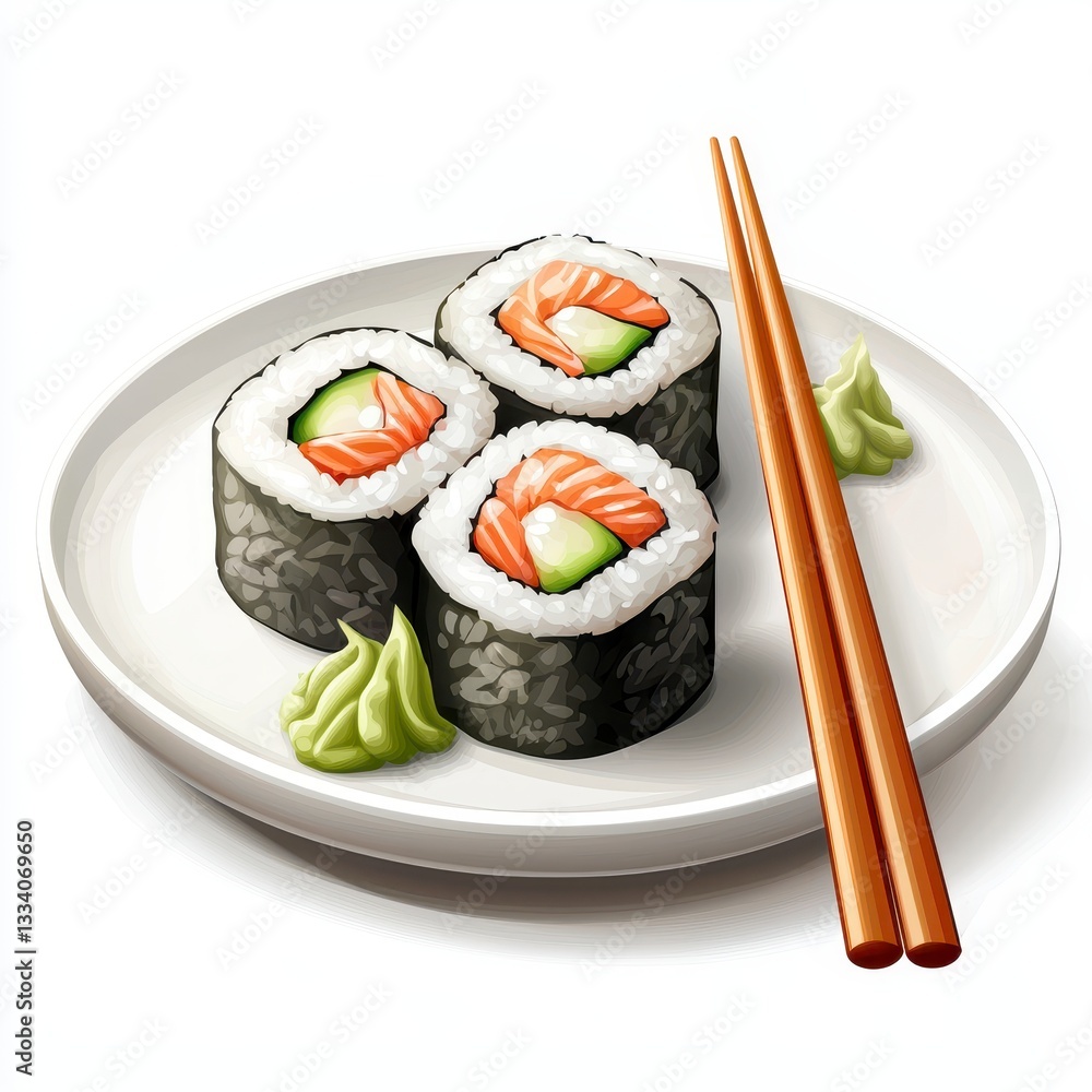 Sushi Rolls with Salmon and Cucumber on a White Plate with Chopsticks and Wasabi Sushi Rolls with Salmon and Cucumber on a White Plate with Chopsticks and Wasabi