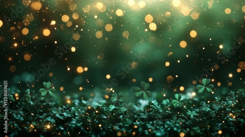 A Festive Green and Gold Background with Soft Shamrock Patterns and Rainbow Decorations. Generative AI