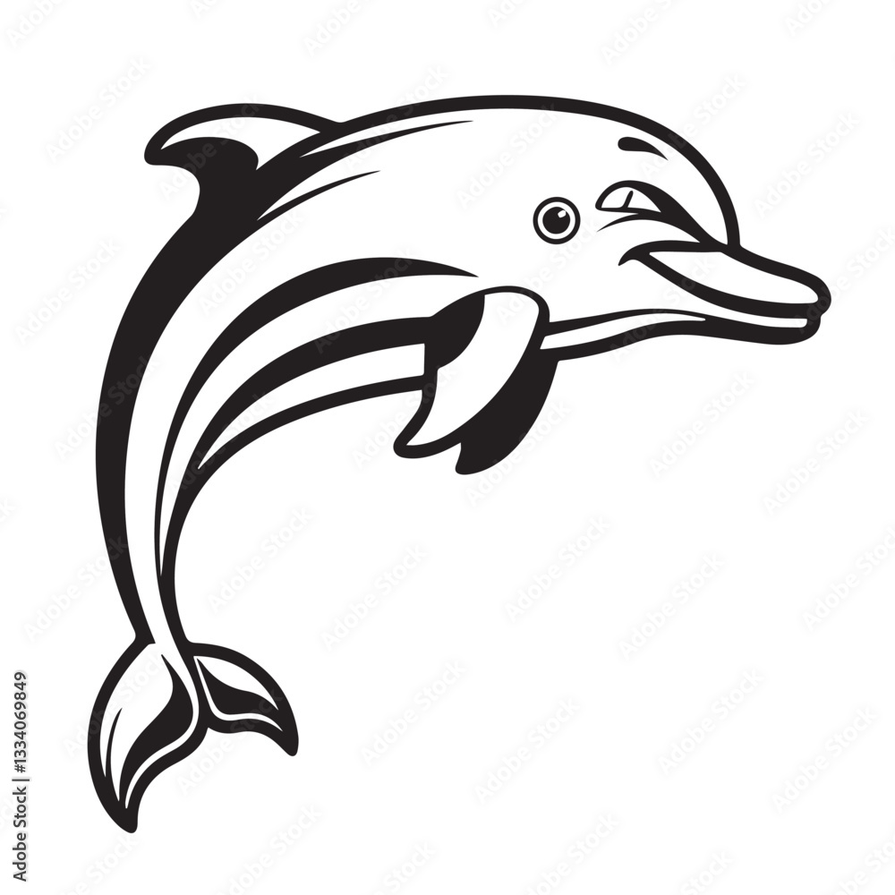 Naklejka premium Bold Black and White Line Art Illustration of a Playful Dolphin, Vector Graphic with Clean Lines and Strong Contrast, Modern Cartoon Style