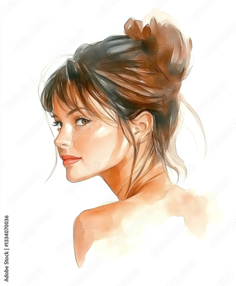 Naklejka premium Watercolor Painting of Young Woman with Hair Bun Looking Over Shoulder
