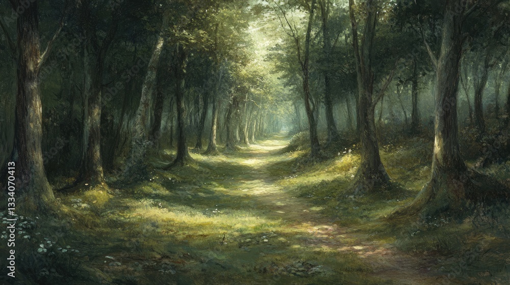 Naklejka premium Sunlit Path Through Enchanting Forest