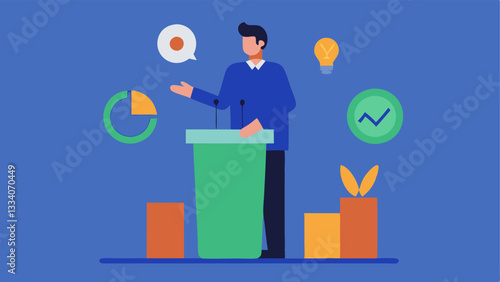 Educational Presentation An illustration showing a speaker at a podium addressing an audience about the benefits of circular economy principles with graphics displaying statistics