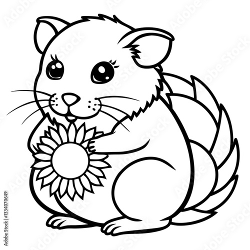 cute chinchilla holding sunflower. A charming black and white illustration of a chinchilla cuddling a lovely sunflower