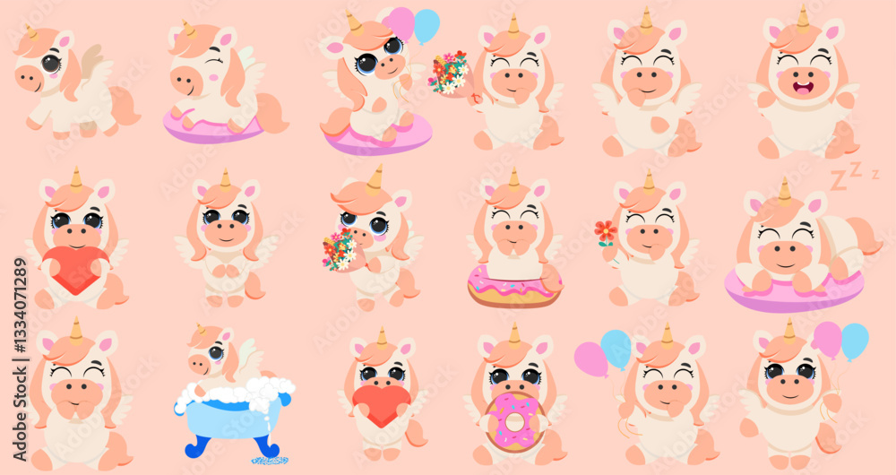 Cute unicorn characters set for kids Adorable mythical creatures illustrations Funny magical animal collection Whimsical pony graphics for children's design Sweet fantasy animal clip art Cute unicorn characters set for kids Adorable mythical creatures illustrations Funny magical animal collection Whimsical pony graphics for children's design Sweet fantasy animal clip art