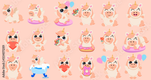 Cute unicorn characters set for kids Adorable mythical creatures illustrations Funny magical animal collection Whimsical pony graphics for children's design Sweet fantasy animal clip art
