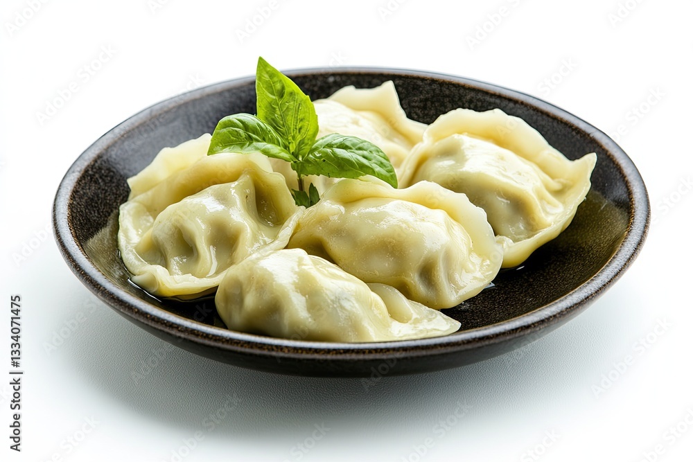 Steamed dumplings on dark plate, studio shot, fresh herbs Steamed dumplings on dark plate, studio shot, fresh herbs