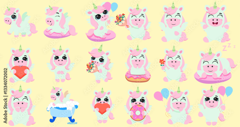 Cute pink unicorn characters set for kids Adorable mythical creatures illustrations Funny magical animal collection Whimsical pony graphics Cute pink unicorn characters set for kids Adorable mythical creatures illustrations Funny magical animal collection Whimsical pony graphics