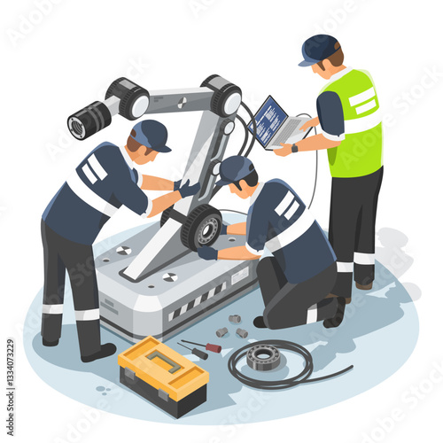 Isometric Isolated Illustration of Engineers Installing and Maintaining an Industrial Robotic Arm for Automation in Smart Manufacturing