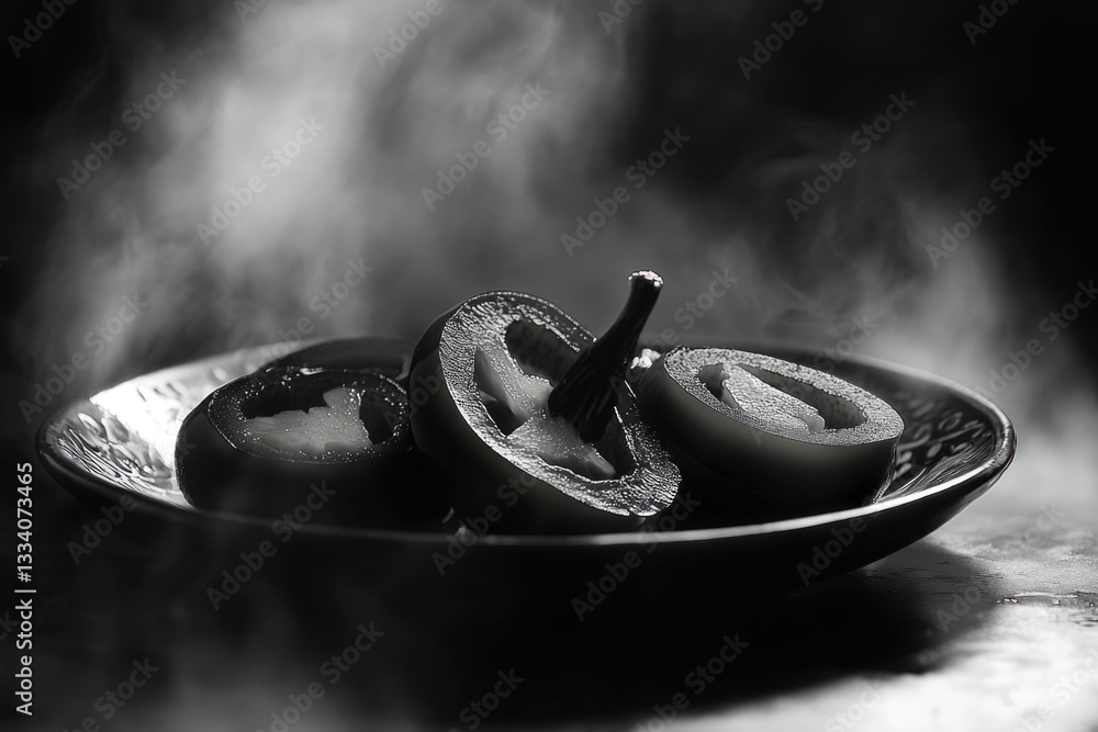 Φωτογραφία A close-up of a plate of apples in black and white, perfect for use in food or s