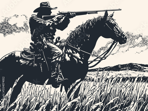 Vector illustration of a cowboy on horseback aiming a rifle. The black and white artwork depicts a rider in a wide-brimmed hat mounted on a horse in tall prairie grass or wheat field.