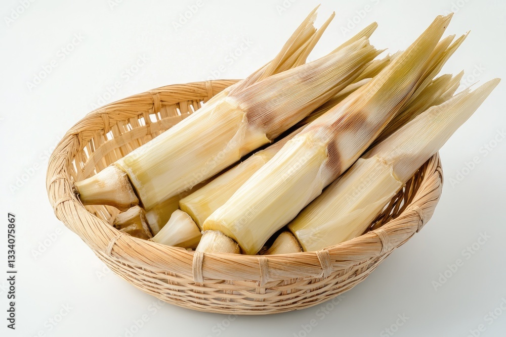 Fresh bamboo shoots in a shallow woven basket, studio shot Fresh bamboo shoots in a shallow woven basket, studio shot