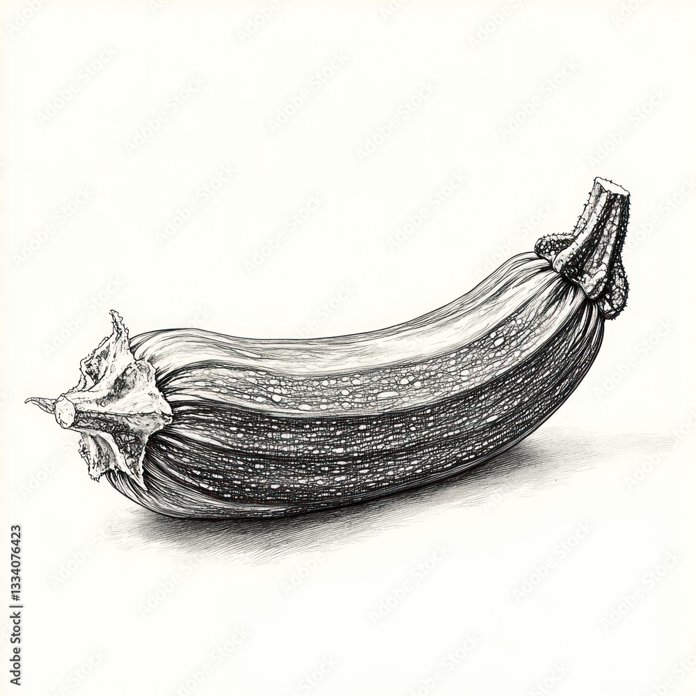 custom made wallpaper toronto digitalDetailed grayscale drawing of a zucchini.  The drawing meticulously captures the ribbed texture and form of the vegetable, showcasing its elongated shape and the subtle details of its blossom end. 