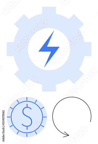 Gear with lightning bolt, coin with dollar sign, and circular arrow depict energy, economy, and sustainability. Ideal for innovation, resource management, green business, efficiency renewable