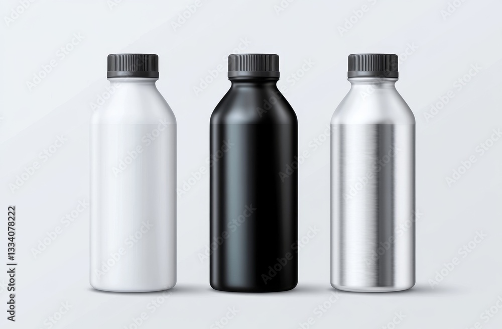 Three blank drink bottles, white, black, and silver, on a light gray background Three blank drink bottles, white, black, and silver, on a light gray background