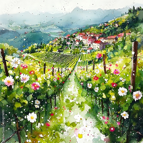 Fototapeta Naklejka Na Ścianę i Meble -  Idyllic Vineyard Landscape A Watercolor Painting of a Picturesque Village Nestled Among Rolling Hills.