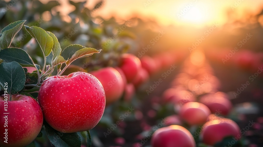 Obraz premium Vibrant Apple Orchard with Freshly Ripened Apples at Sunset. Generative AI