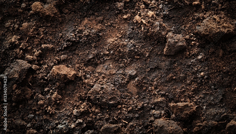 Close up view shows rich dark brown soil texture Close up view shows rich dark brown soil texture