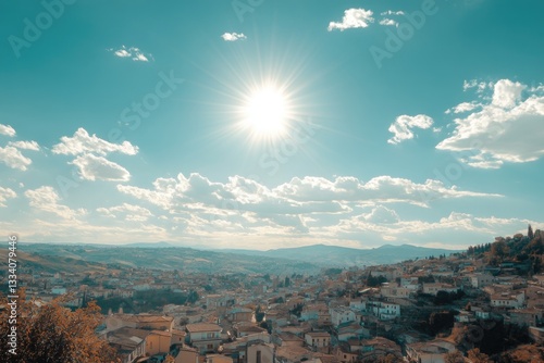 Fototapeta Naklejka Na Ścianę i Meble -  A sunny day in a small town with buildings and streets