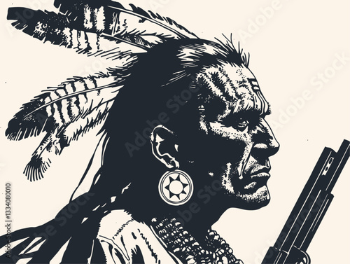 Vector illustration of a Native American warrior with traditional feather headdress and face paint shown in profile. The black and white artwork 