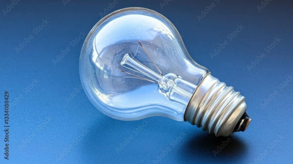 A clear glass light bulb with visible filament resting on surface A clear glass light bulb with visible filament resting on surface