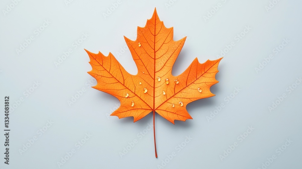 Fototapeta premium Bright Orange Maple Leaf with Water Drops on Soft Blue Background