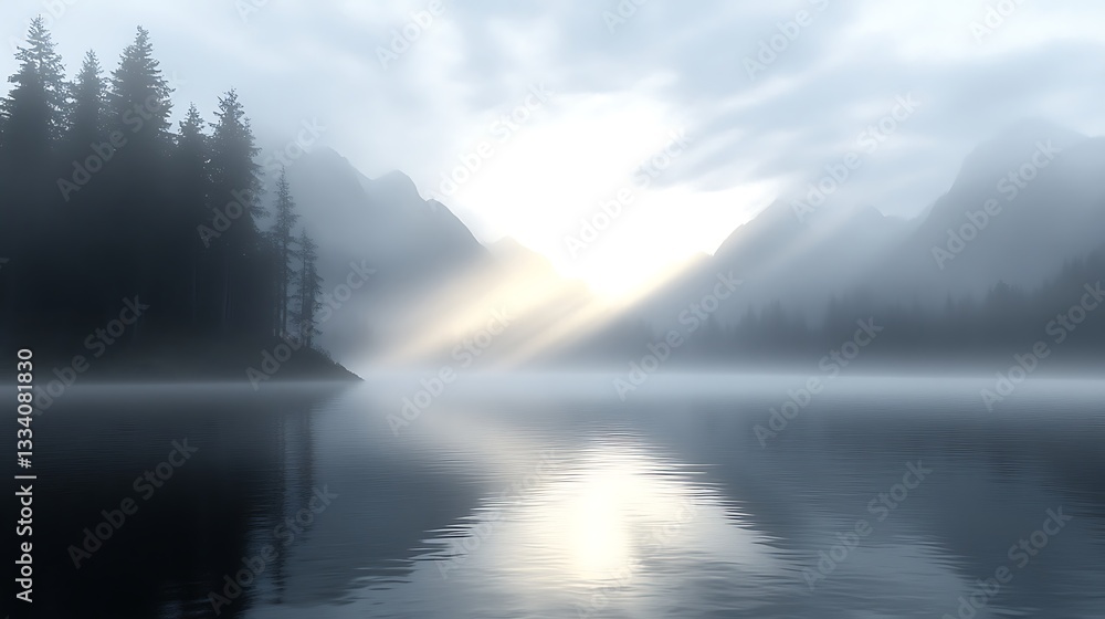 A misty mountain lake at sunrise with the first rays of light breaking through the fog and reflecting on the water A misty mountain lake at sunrise with the first rays of light breaking through the fog and reflecting on the water