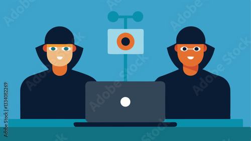 Secretive Communication Two criminals huddled together with a laptop open in front of them engaging in a video call with a contact with surveillance monitors in the background.