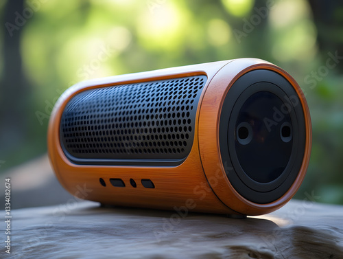 Close-up of a wooden Bluetooth speaker (outdoor natural style)