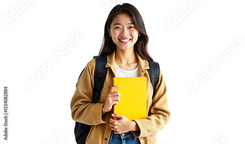 Smiling young Asian student with yellow book and backpack, isolated on white background. Cheerful female portrait for education, reading, or lifestyle themes.