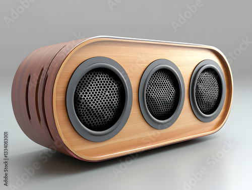 3D renderings of a portable wooden three-unit speaker