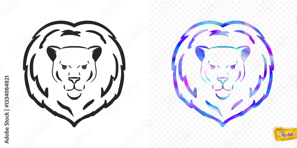 Stylized lion head illustrated in two styles: a bold monochrome version and a vibrant multicolored version with gradient lines on a transparent background. Stylized lion head illustrated in two styles: a bold monochrome version and a vibrant multicolored version with gradient lines on a transparent background.