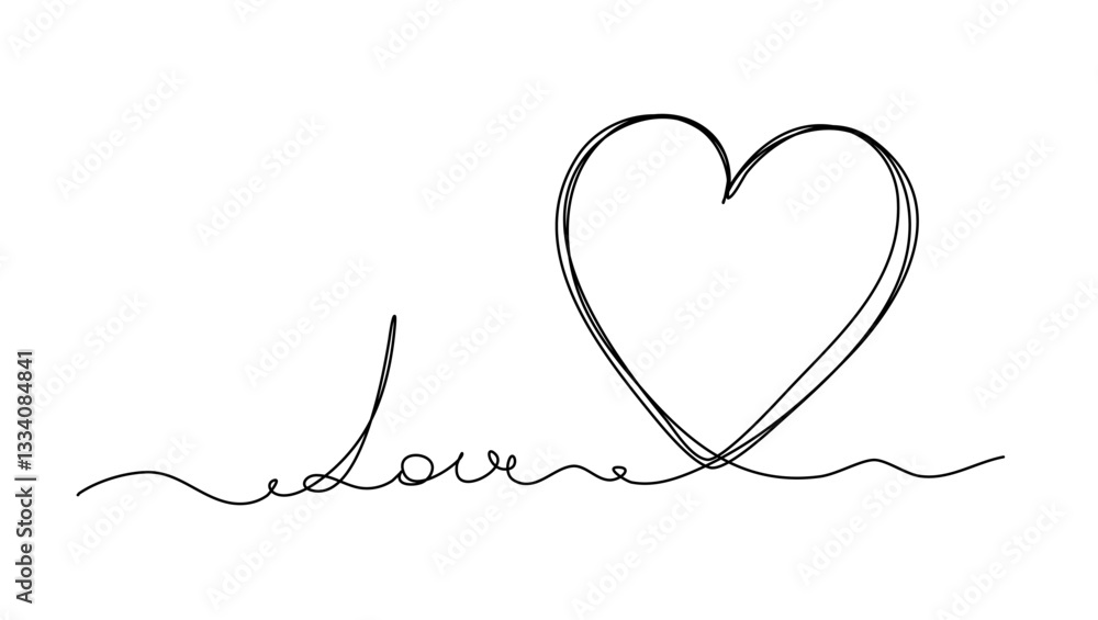 Illustration features a heart and the word love in a continuous line style. Minimalistic design represents connection and affection, perfect for romantic themes. Illustration features a heart and the word love in a continuous line style. Minimalistic design represents connection and affection, perfect for romantic themes.