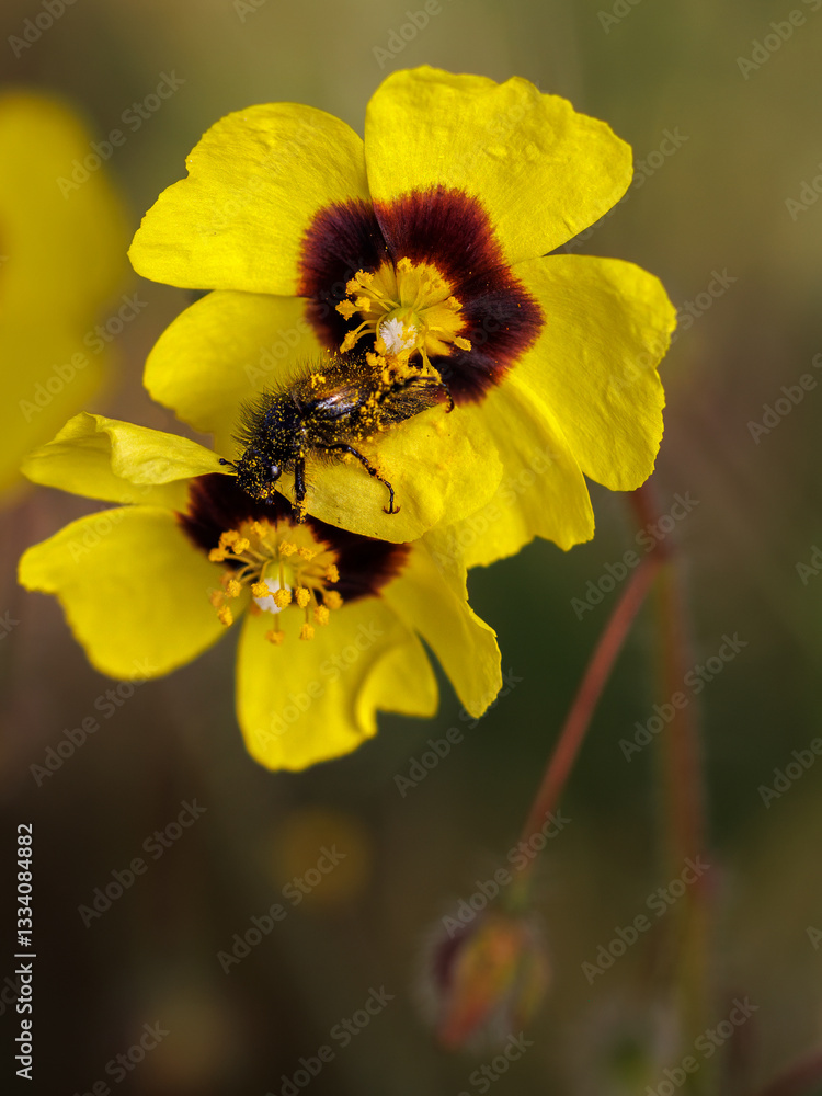 Beetle covered in pollen on a vibrant yellow flower. Beetle covered in pollen on a vibrant yellow flower.