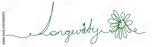 Minimalist design features green line art forming word longevity accompanied by stylized daisy like flower conveying themes of nature and endurance.